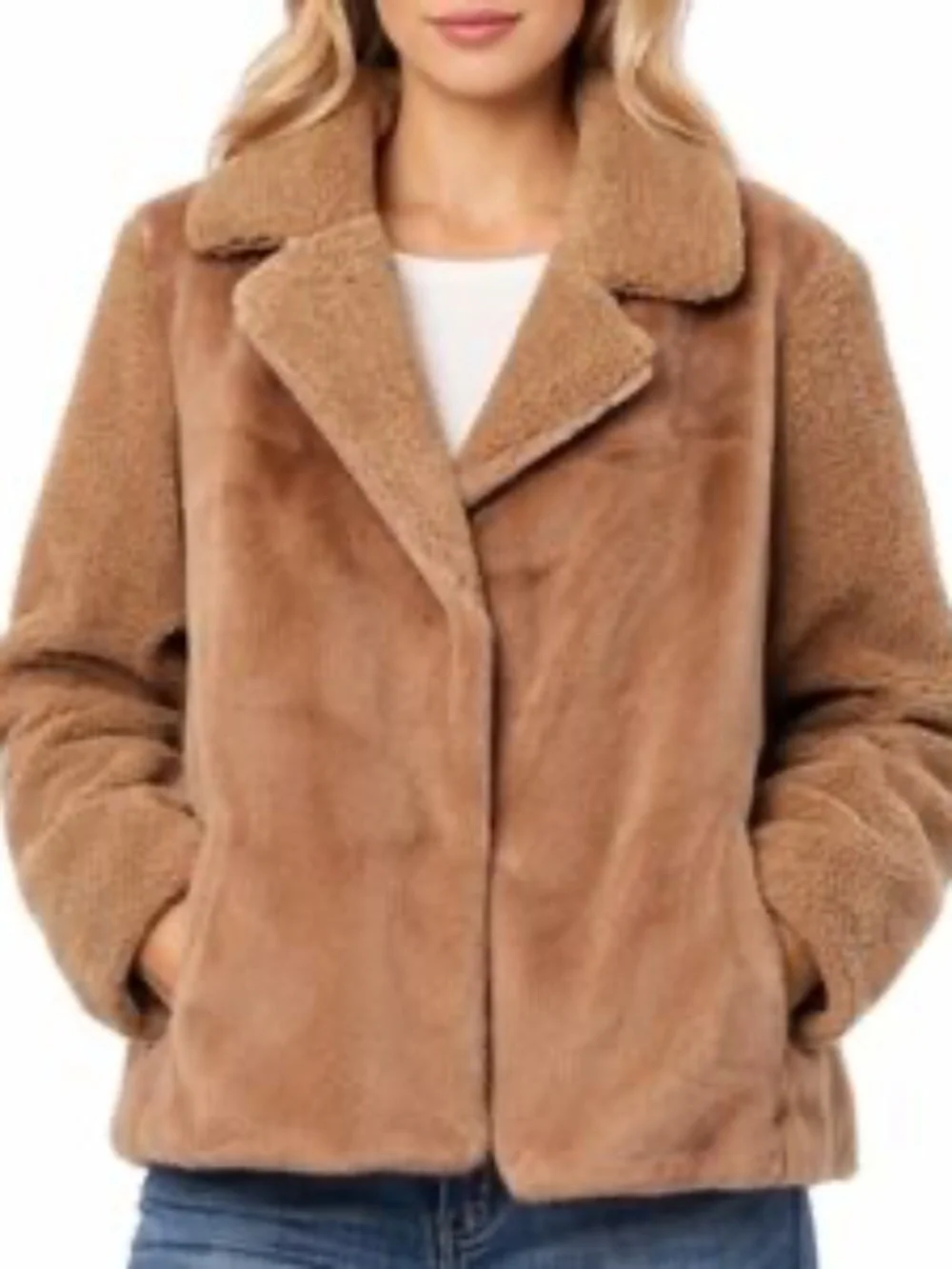 French Connection Camel Faux Fur Teddy Mixed media Short Jacket Coat Size S - Picture 3 of 9